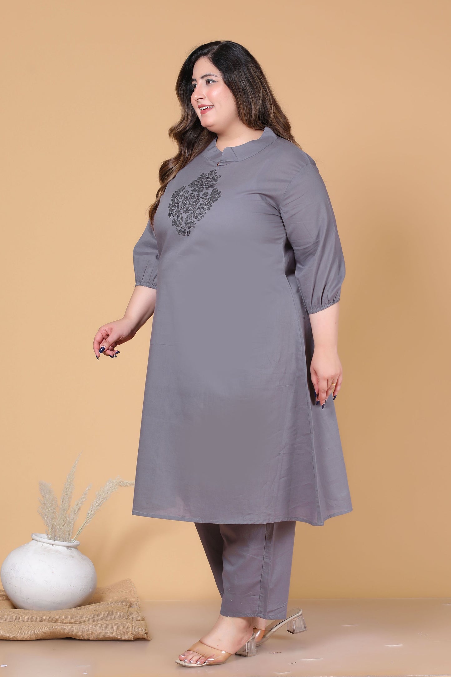 SOLID ALINE EMBROIDERY COTTON 2 PEICE KURTA PANT IN GREY BY PLUSSIZEKURTI