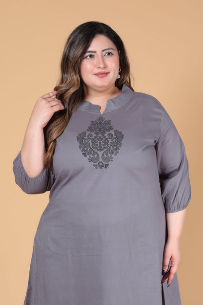 SOLID ALINE EMBROIDERY COTTON 2 PEICE KURTA PANT IN GREY BY PLUSSIZEKURTI