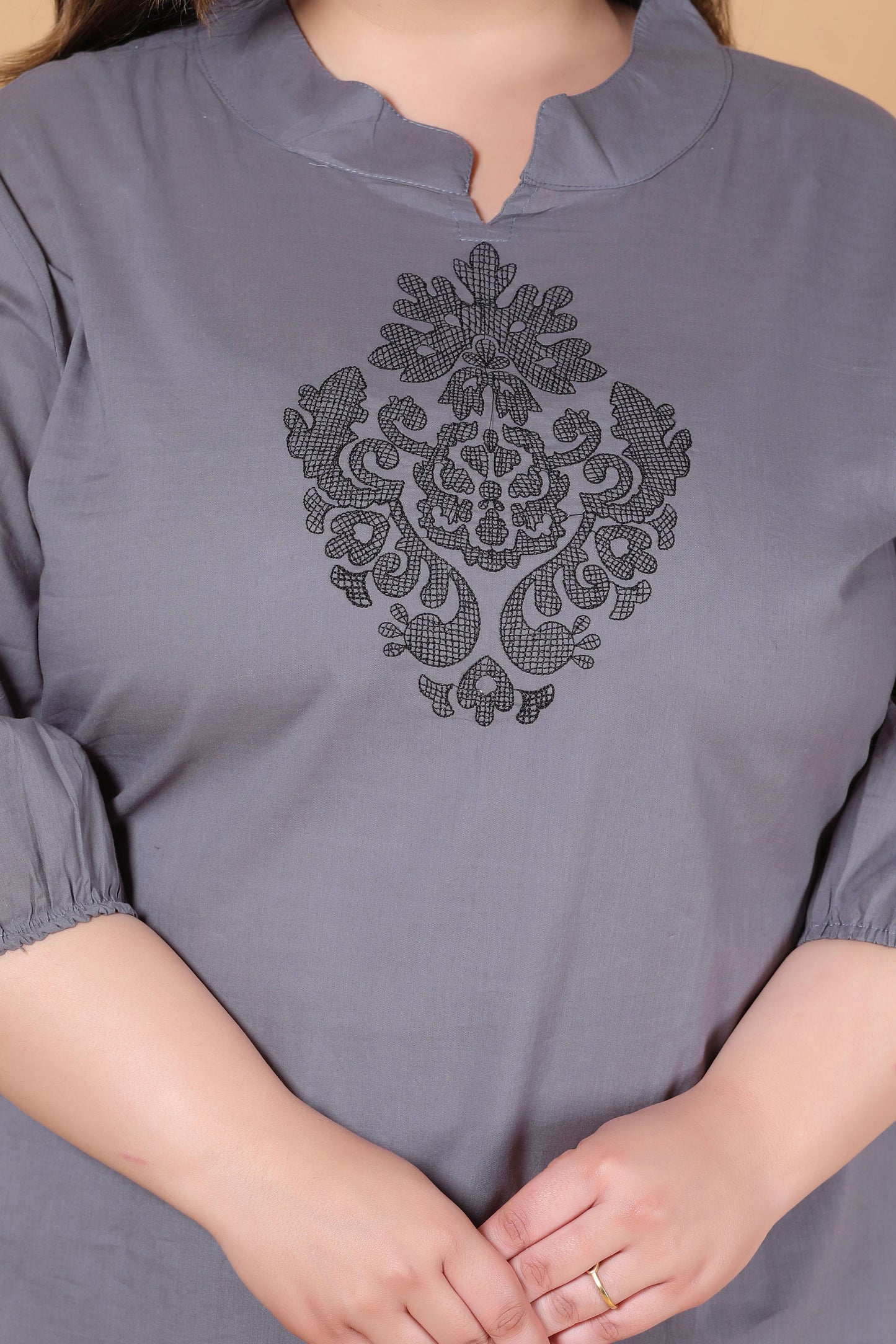 SOLID ALINE EMBROIDERY COTTON 2 PEICE KURTA PANT IN GREY BY PLUSSIZEKURTI