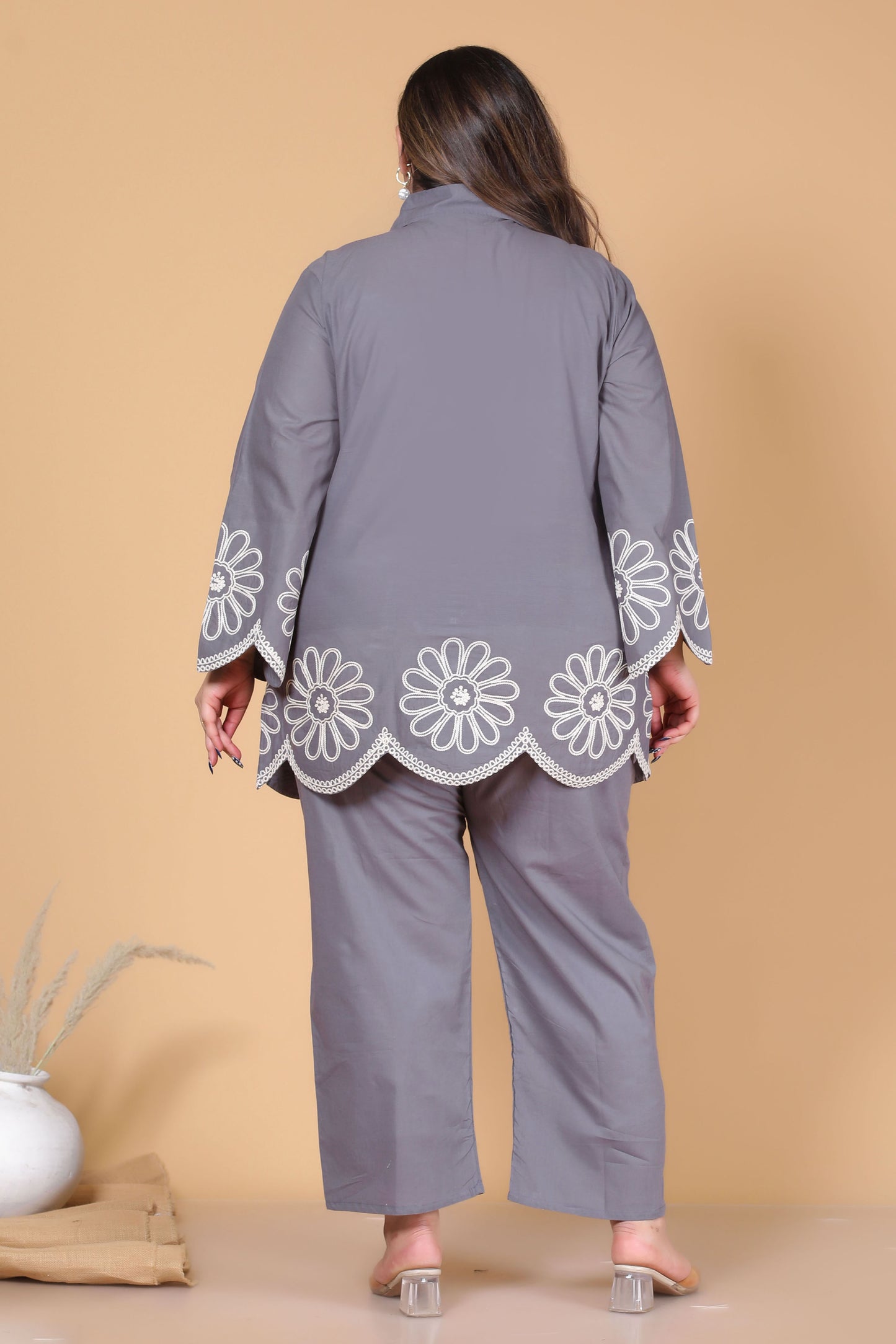 SOLID FLORAL EMBROIDERY COTTON CO-ORD SET IN GREY BY PLUSSIZEKURTI