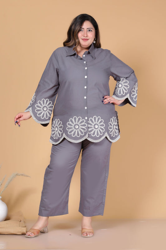 SOLID FLORAL EMBROIDERY COTTON CO-ORD SET IN GREY BY PLUSSIZEKURTI