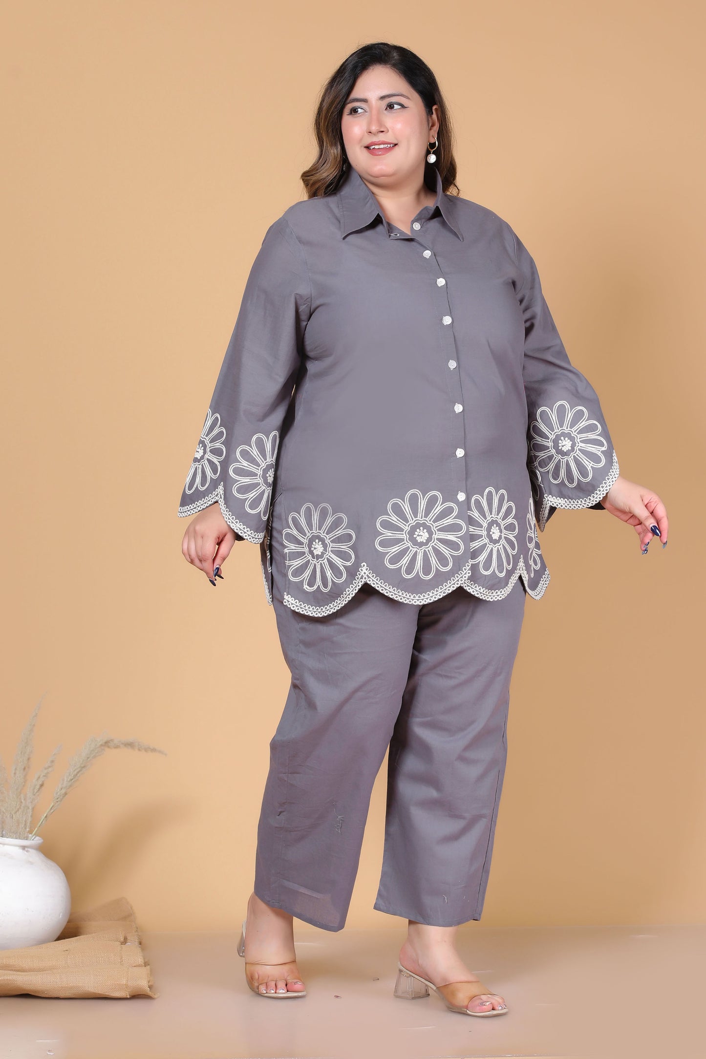 SOLID FLORAL EMBROIDERY COTTON CO-ORD SET IN GREY BY PLUSSIZEKURTI