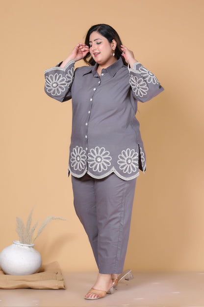 SOLID FLORAL EMBROIDERY COTTON CO-ORD SET IN GREY BY PLUSSIZEKURTI