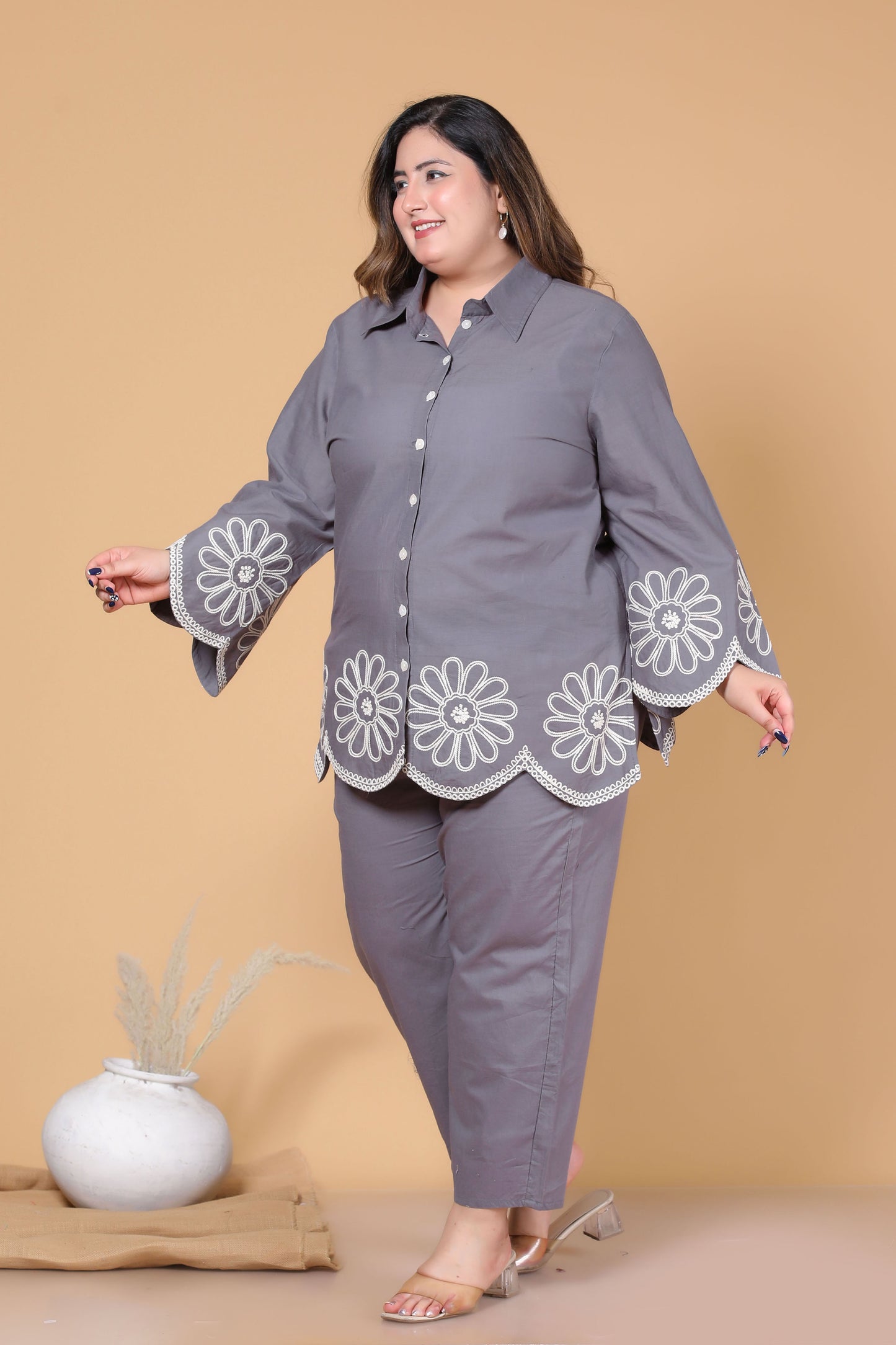 SOLID FLORAL EMBROIDERY COTTON CO-ORD SET IN GREY BY PLUSSIZEKURTI