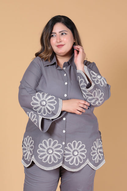SOLID FLORAL EMBROIDERY COTTON CO-ORD SET IN GREY BY PLUSSIZEKURTI