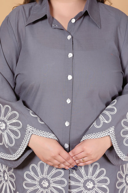 SOLID FLORAL EMBROIDERY COTTON CO-ORD SET IN GREY BY PLUSSIZEKURTI