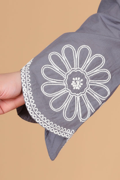 SOLID FLORAL EMBROIDERY COTTON CO-ORD SET IN GREY BY PLUSSIZEKURTI