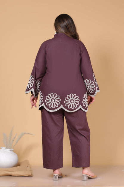 SOLID FLORAL EMBROIDERY COTTON CO-ORD SET IN BROWN BY PLUSSIZEKURTI
