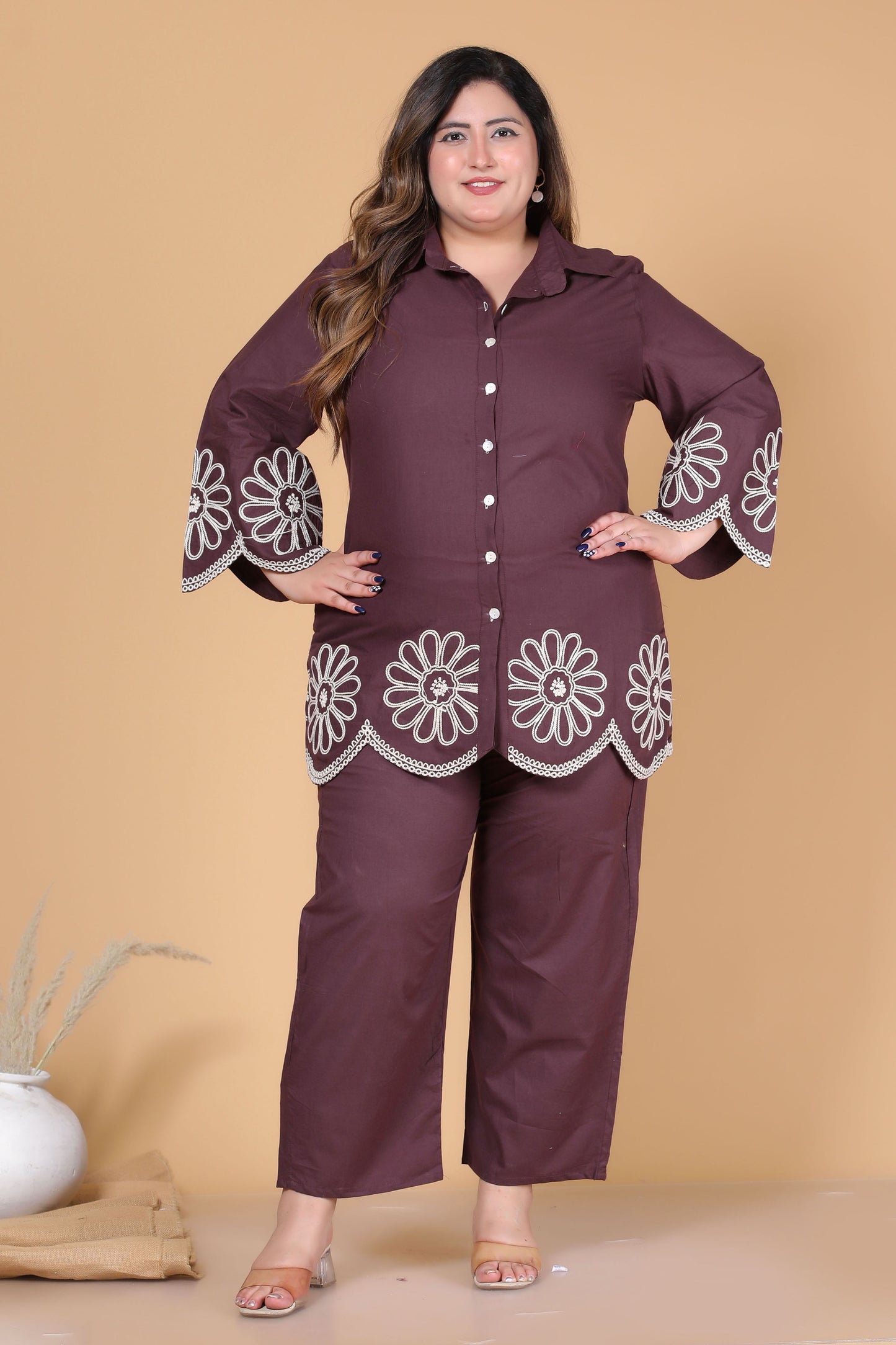 SOLID FLORAL EMBROIDERY COTTON CO-ORD SET IN BROWN BY PLUSSIZEKURTI