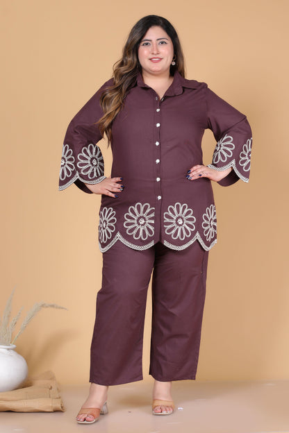 SOLID FLORAL EMBROIDERY COTTON CO-ORD SET IN BROWN BY PLUSSIZEKURTI