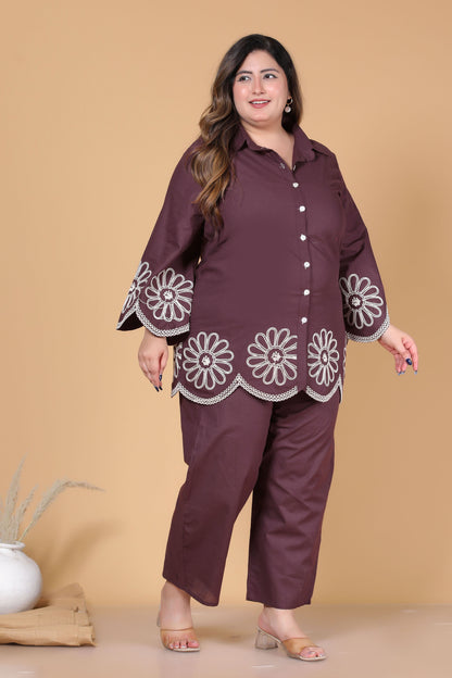 SOLID FLORAL EMBROIDERY COTTON CO-ORD SET IN BROWN BY PLUSSIZEKURTI
