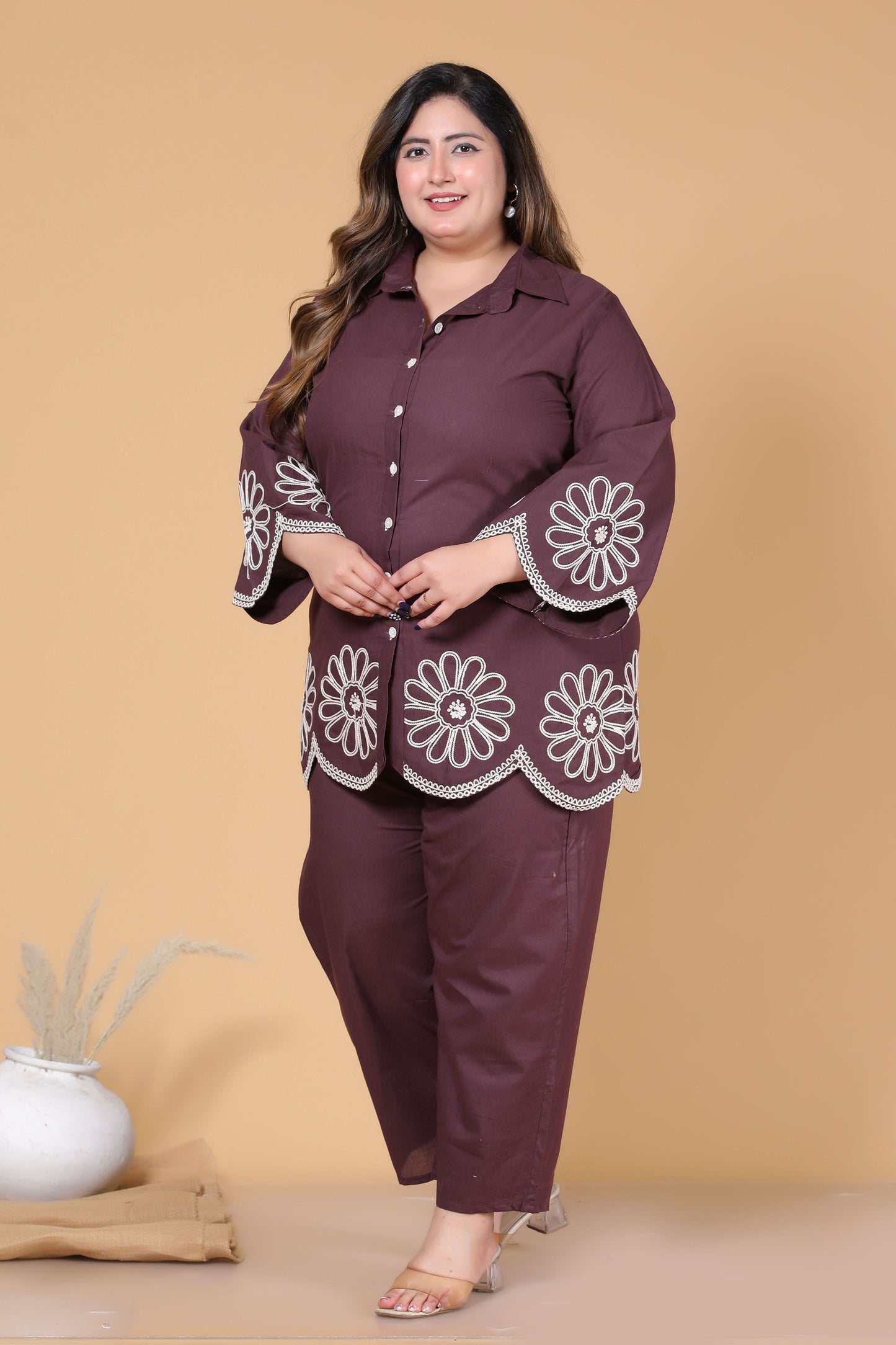 SOLID FLORAL EMBROIDERY COTTON CO-ORD SET IN BROWN BY PLUSSIZEKURTI