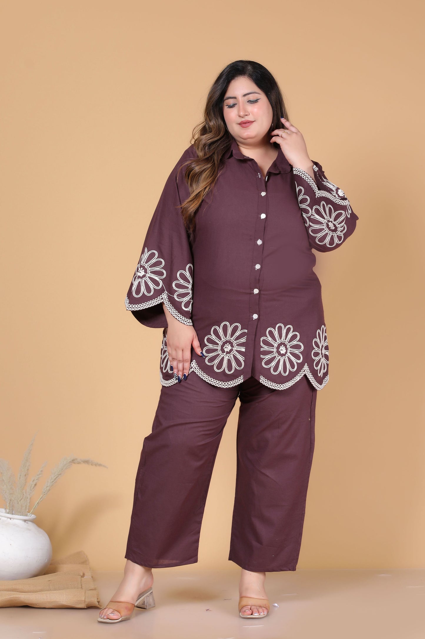 SOLID FLORAL EMBROIDERY COTTON CO-ORD SET IN BROWN BY PLUSSIZEKURTI