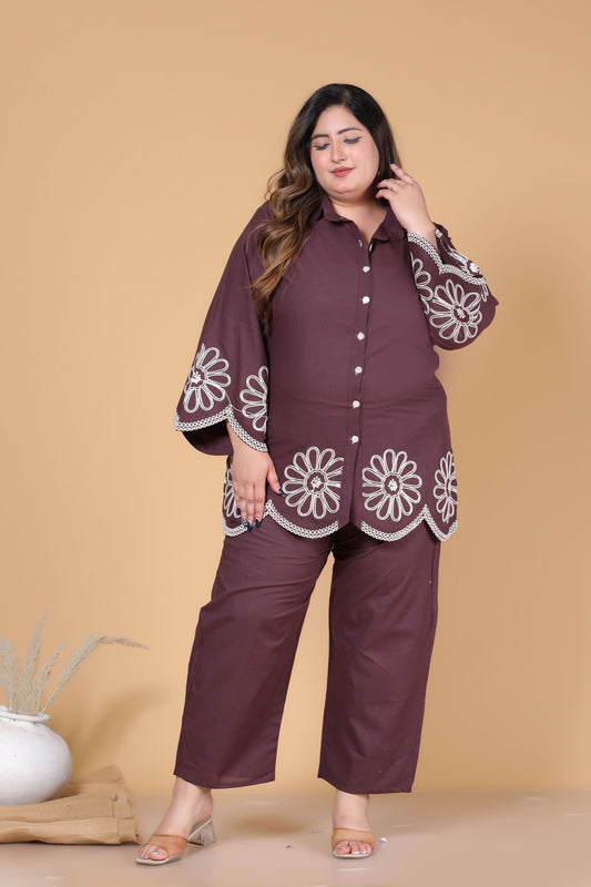 SOLID FLORAL EMBROIDERY COTTON CO-ORD SET IN BROWN BY PLUSSIZEKURTI