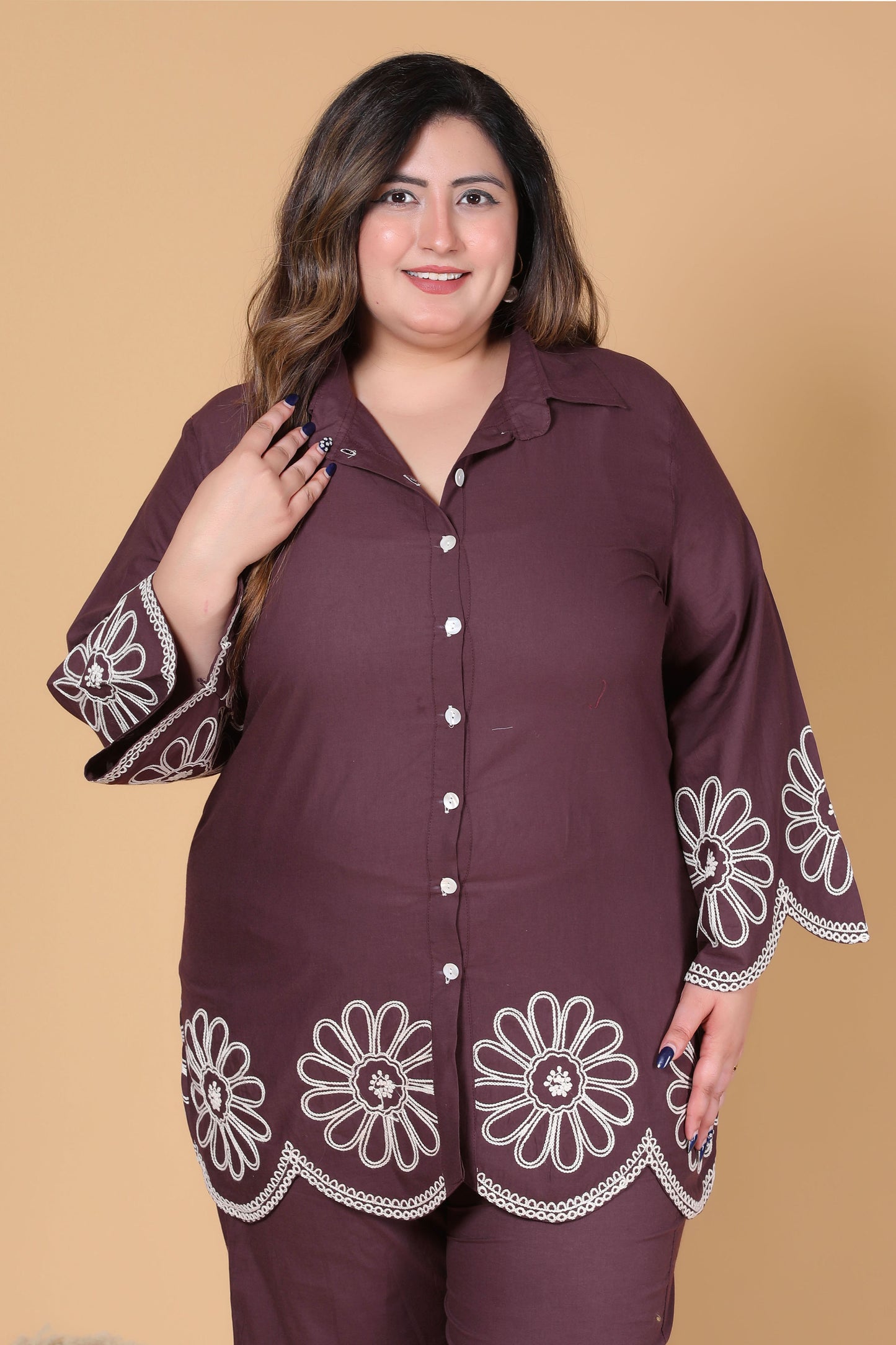SOLID FLORAL EMBROIDERY COTTON CO-ORD SET IN BROWN BY PLUSSIZEKURTI