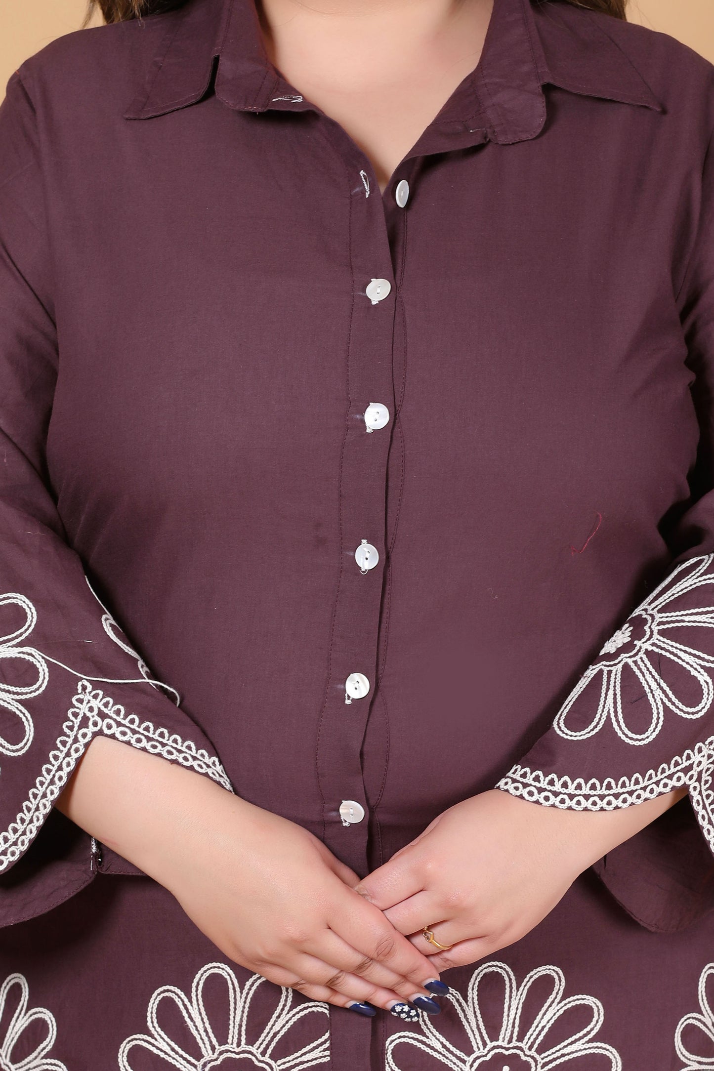 SOLID FLORAL EMBROIDERY COTTON CO-ORD SET IN BROWN BY PLUSSIZEKURTI