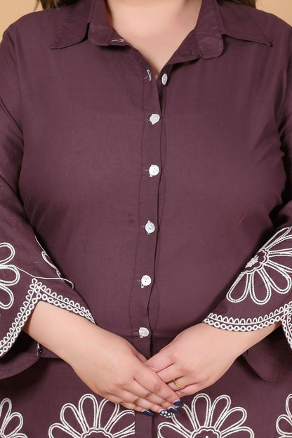 SOLID FLORAL EMBROIDERY COTTON CO-ORD SET IN BROWN BY PLUSSIZEKURTI