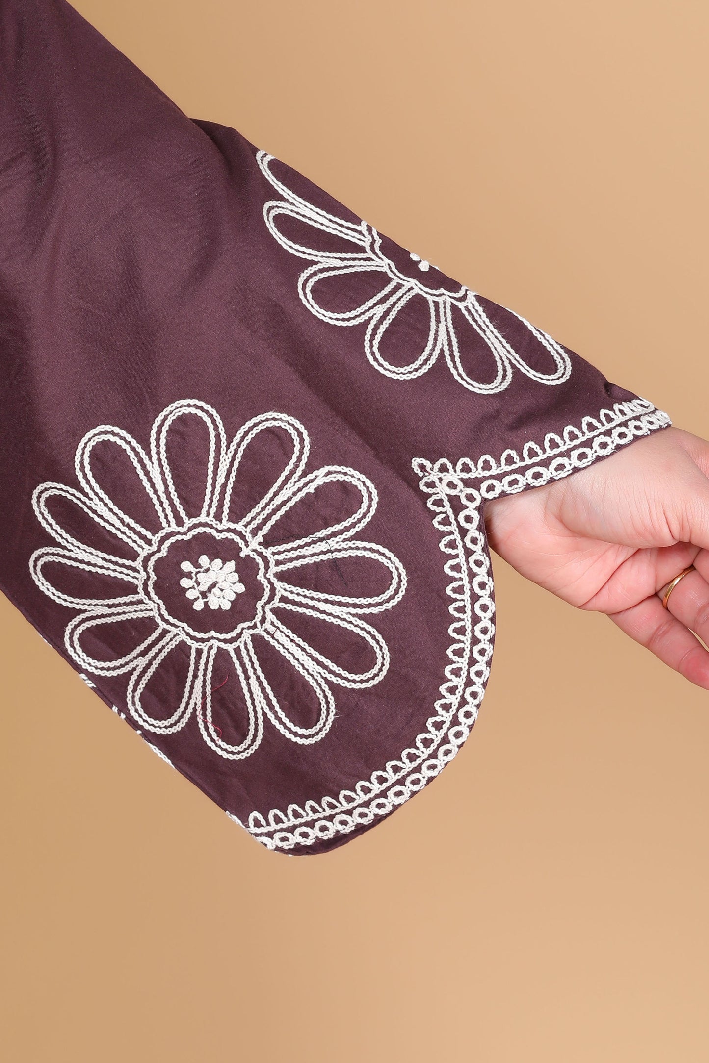 SOLID FLORAL EMBROIDERY COTTON CO-ORD SET IN BROWN BY PLUSSIZEKURTI