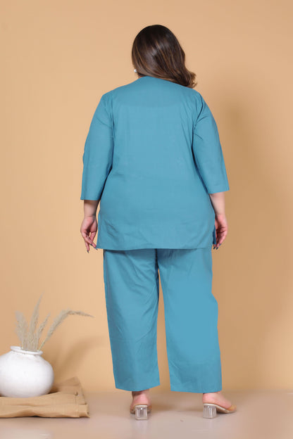 SOLID COTTON CO-ORD SET IN TEAL BLUE BY PLUSSIZEKURTI