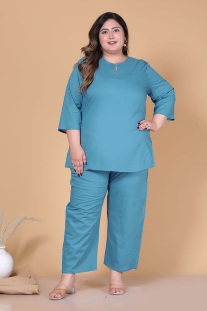 SOLID COTTON CO-ORD SET IN TEAL BLUE BY PLUSSIZEKURTI