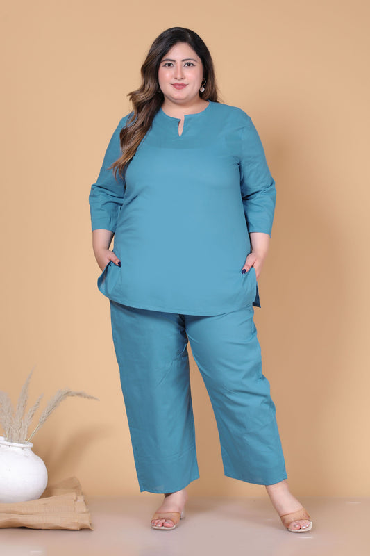 SOLID COTTON CO-ORD SET IN TEAL BLUE BY PLUSSIZEKURTI