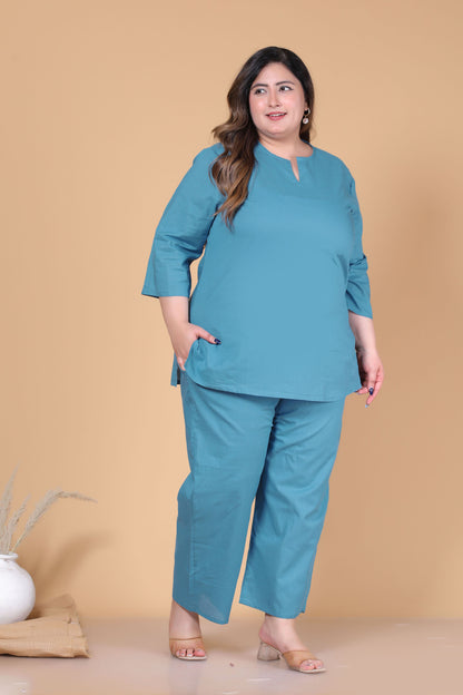 SOLID COTTON CO-ORD SET IN TEAL BLUE BY PLUSSIZEKURTI