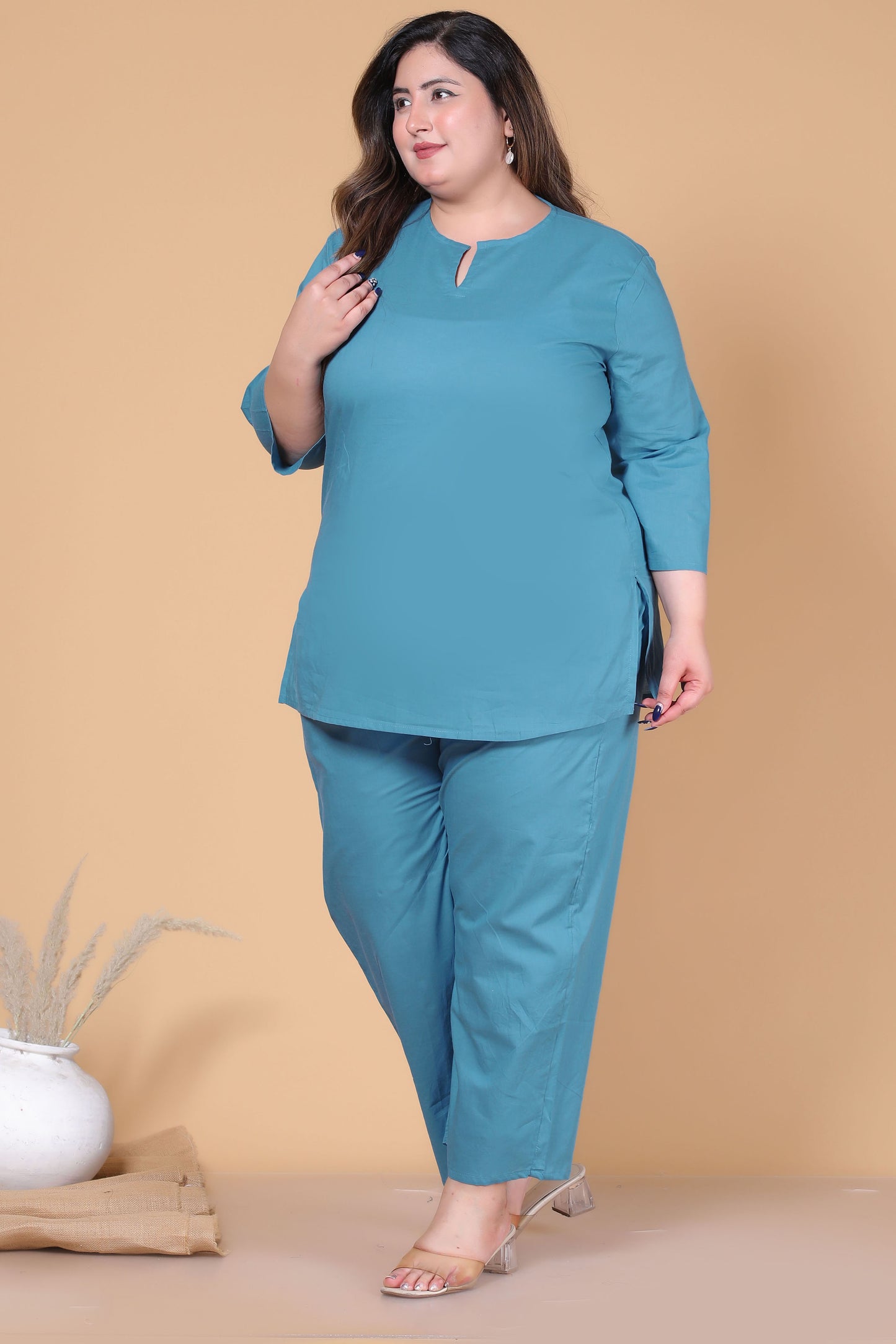 SOLID COTTON CO-ORD SET IN TEAL BLUE BY PLUSSIZEKURTI