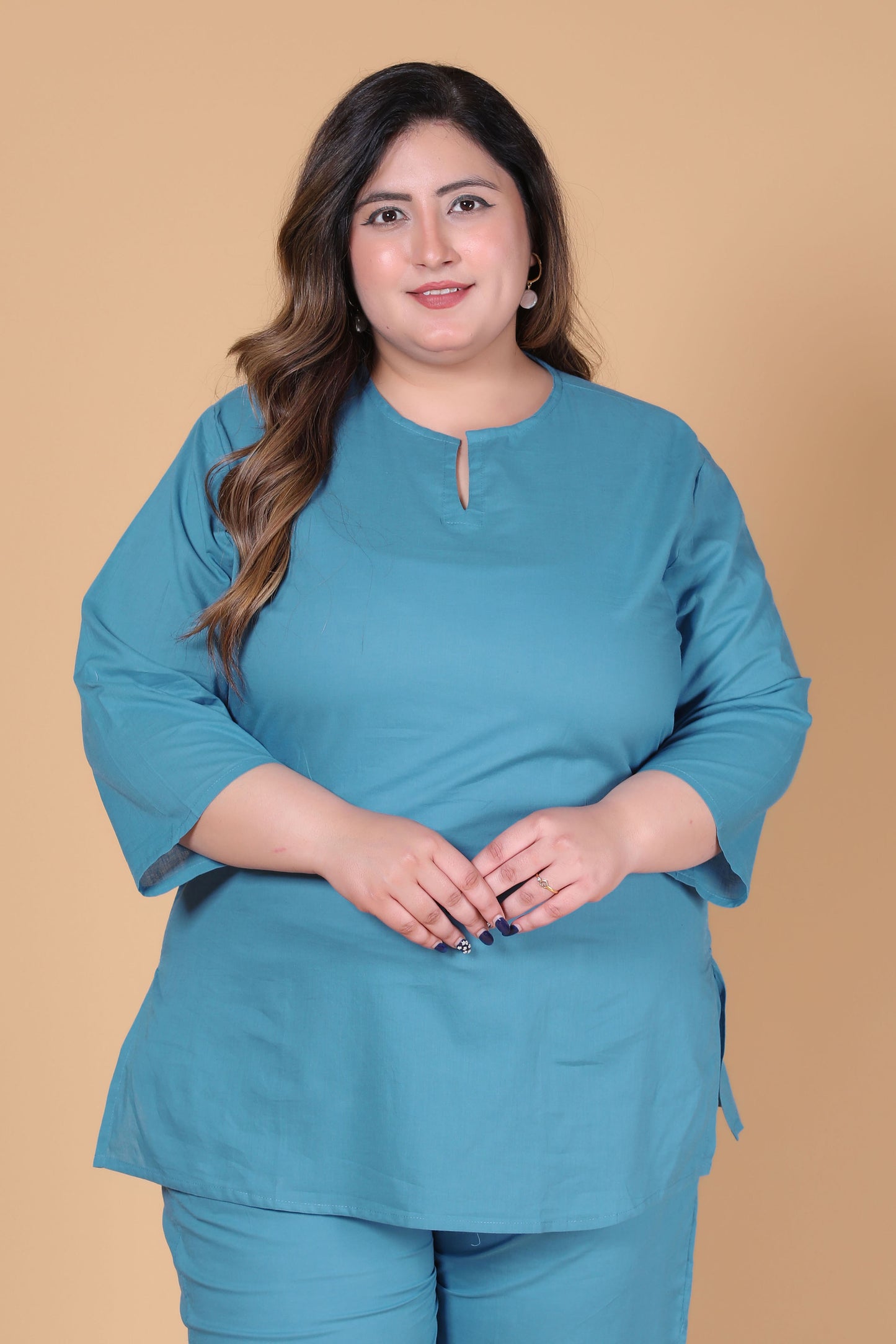 SOLID COTTON CO-ORD SET IN TEAL BLUE BY PLUSSIZEKURTI