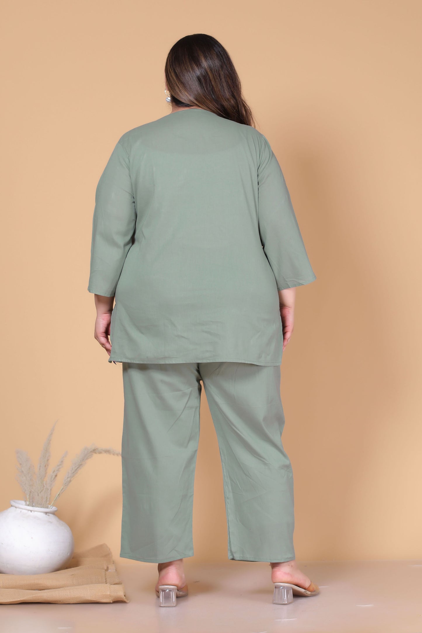 SOLID COTTON CO-ORD SET IN SAGE GREEN BY PLUSSIZEKURTI