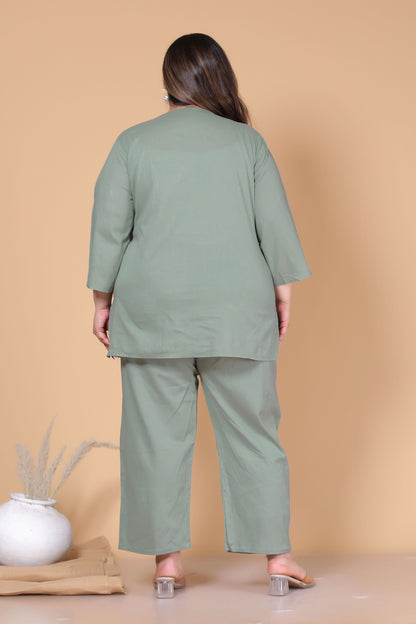 SOLID COTTON CO-ORD SET IN SAGE GREEN BY PLUSSIZEKURTI