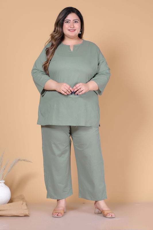 SOLID COTTON CO-ORD SET IN SAGE GREEN BY PLUSSIZEKURTI