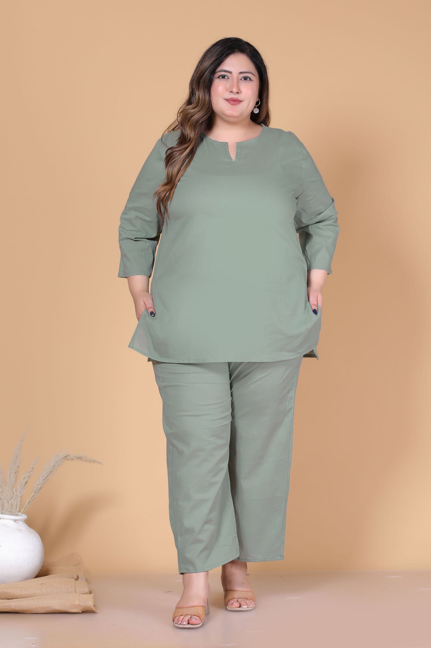 SOLID COTTON CO-ORD SET IN SAGE GREEN BY PLUSSIZEKURTI
