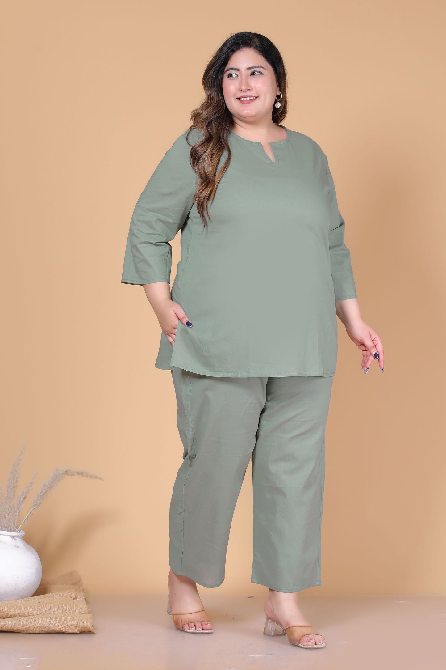 SOLID COTTON CO-ORD SET IN SAGE GREEN BY PLUSSIZEKURTI