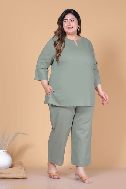 SOLID COTTON CO-ORD SET IN SAGE GREEN BY PLUSSIZEKURTI