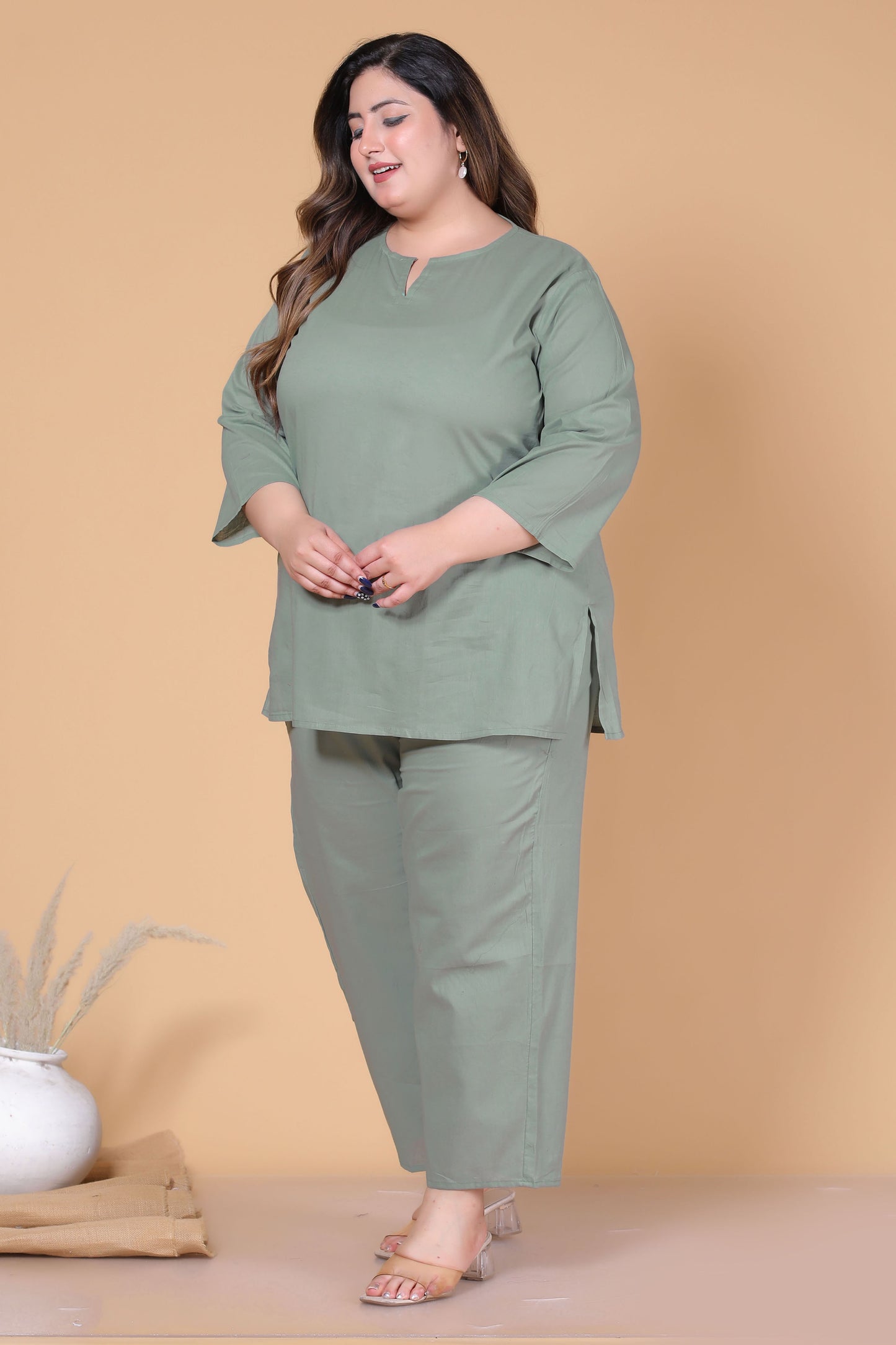 SOLID COTTON CO-ORD SET IN SAGE GREEN BY PLUSSIZEKURTI