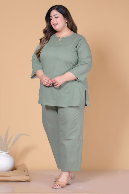 SOLID COTTON CO-ORD SET IN SAGE GREEN BY PLUSSIZEKURTI