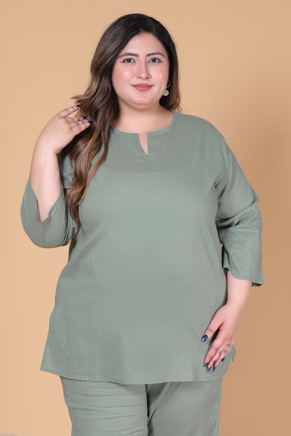 SOLID COTTON CO-ORD SET IN SAGE GREEN BY PLUSSIZEKURTI
