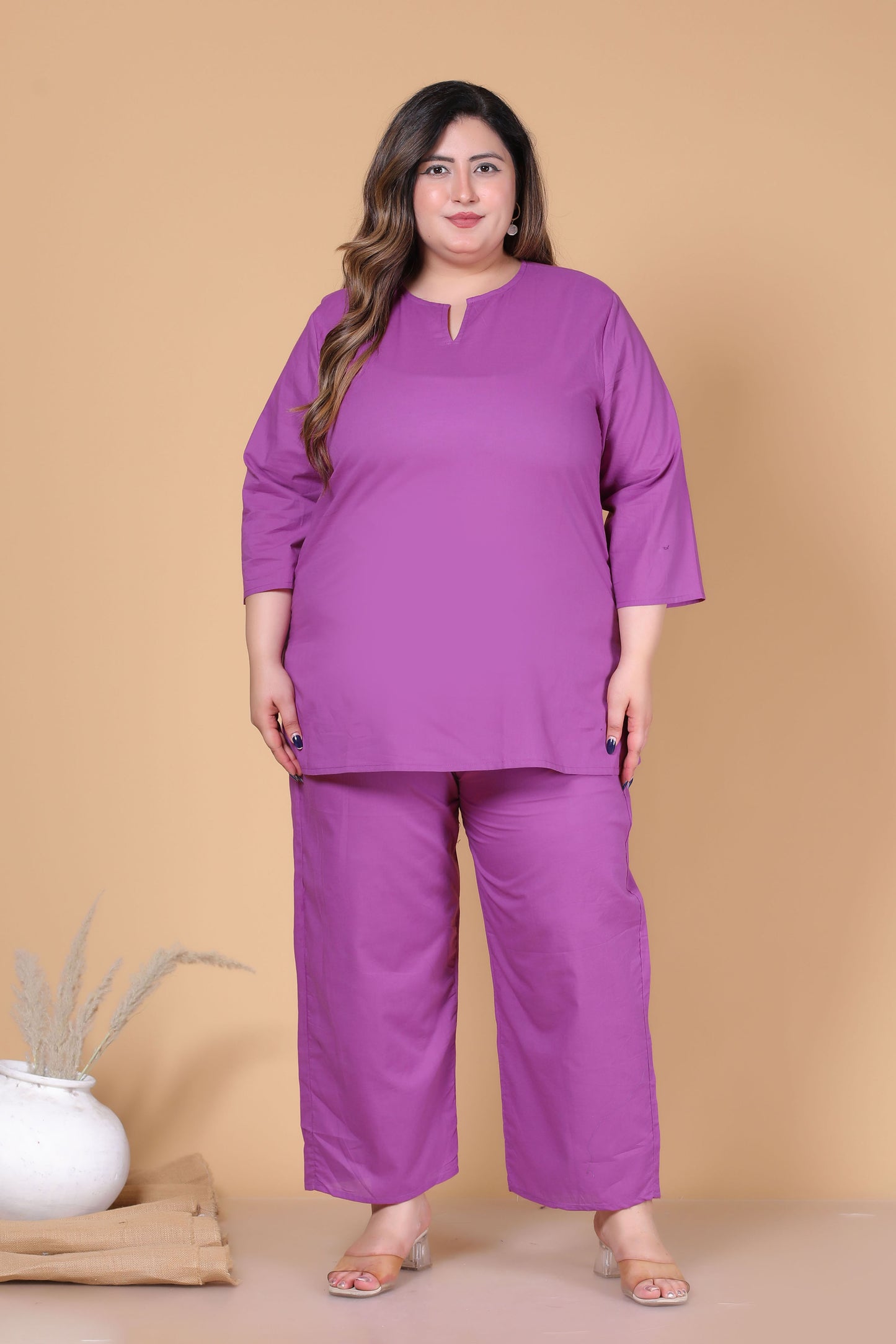 SOLID COTTON CO-ORD SET IN PLUM PURPLE BY PLUSSIZEKURTI
