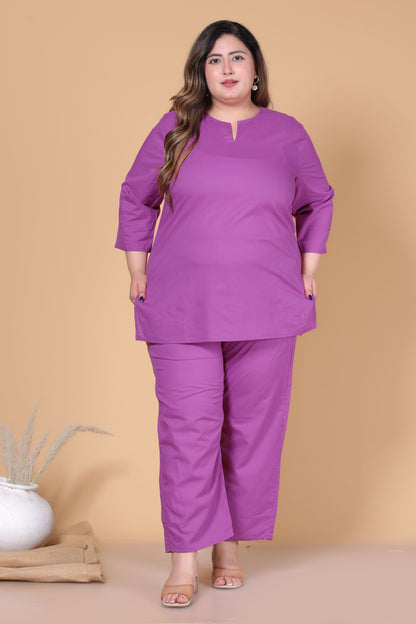 SOLID COTTON CO-ORD SET IN PLUM PURPLE BY PLUSSIZEKURTI