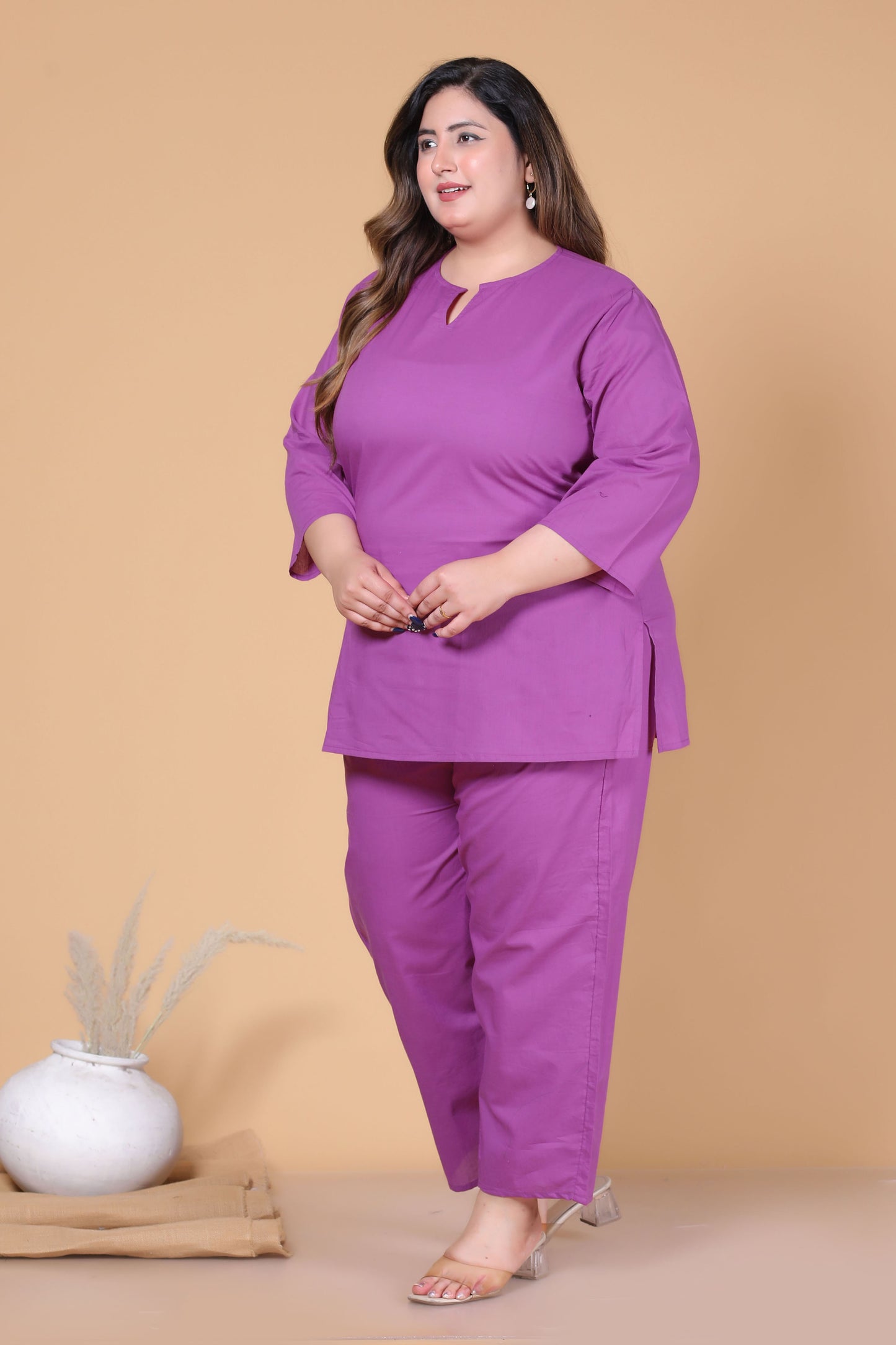 SOLID COTTON CO-ORD SET IN PLUM PURPLE BY PLUSSIZEKURTI