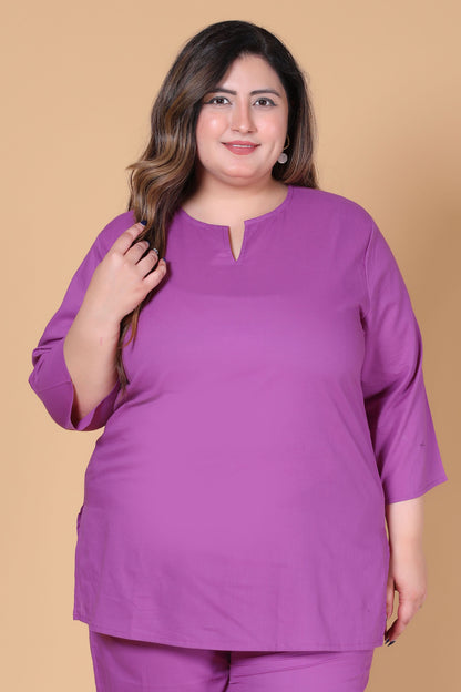SOLID COTTON CO-ORD SET IN PLUM PURPLE BY PLUSSIZEKURTI