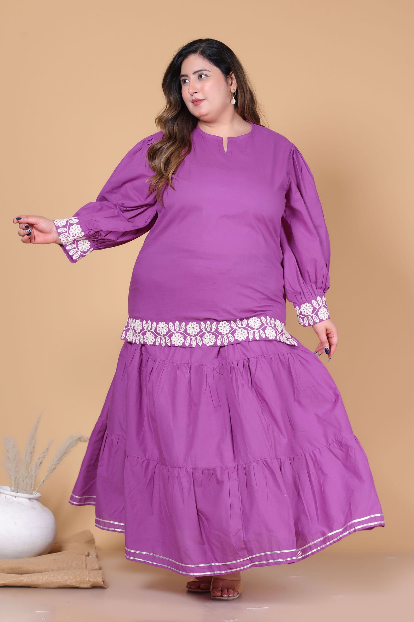 SOLID GOTTA DETAILING SKIRT IN PLUM PURPLE BY PLUSSIZEKURTI