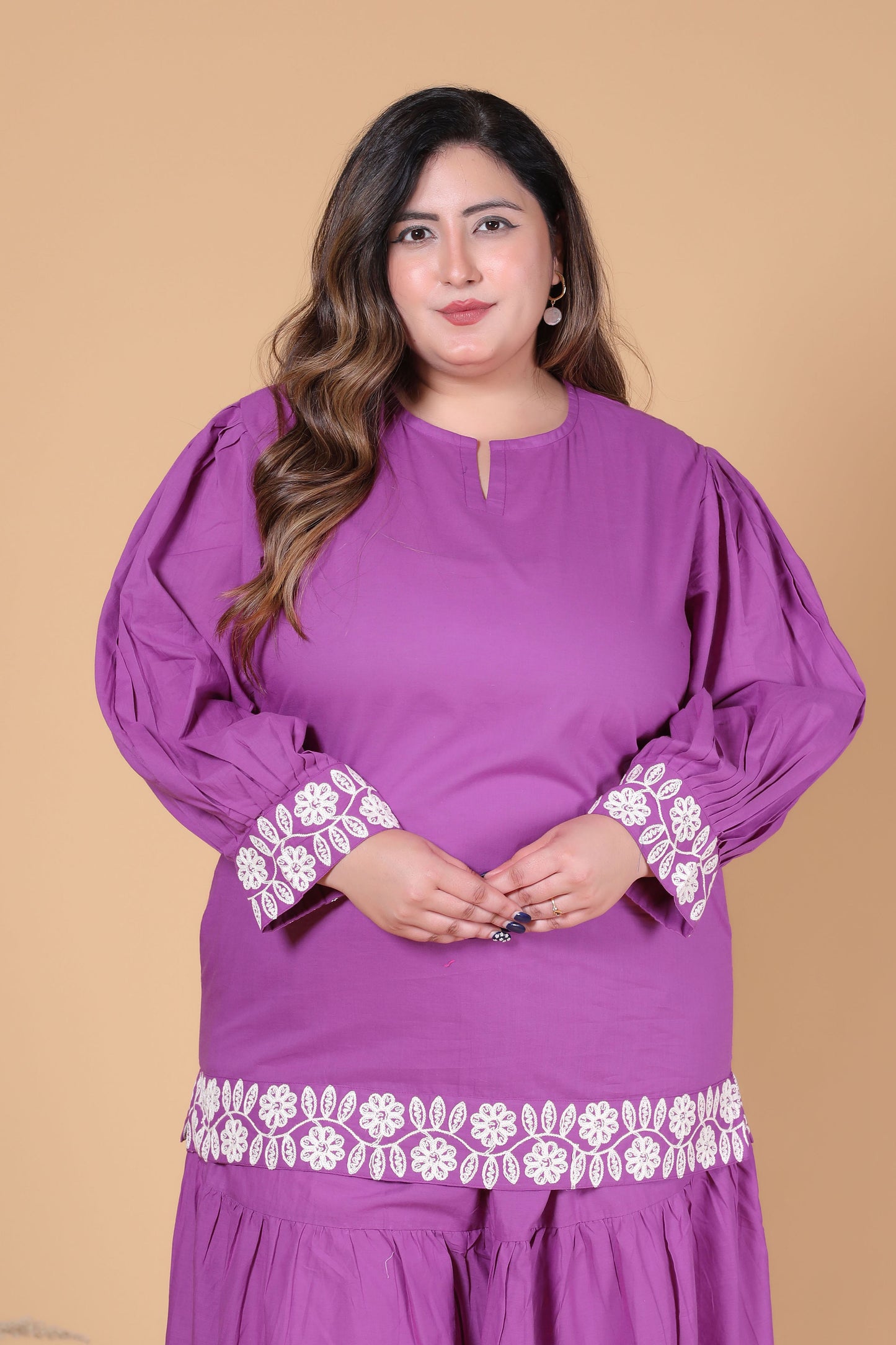 SOLID BLOOM EMBROIDERY COTTON TOP IN PLUM PURPLE COLOUR BY PLUSSIZEKURTI