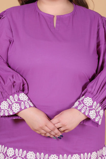 SOLID BLOOM EMBROIDERY COTTON TOP IN PLUM PURPLE COLOUR BY PLUSSIZEKURTI