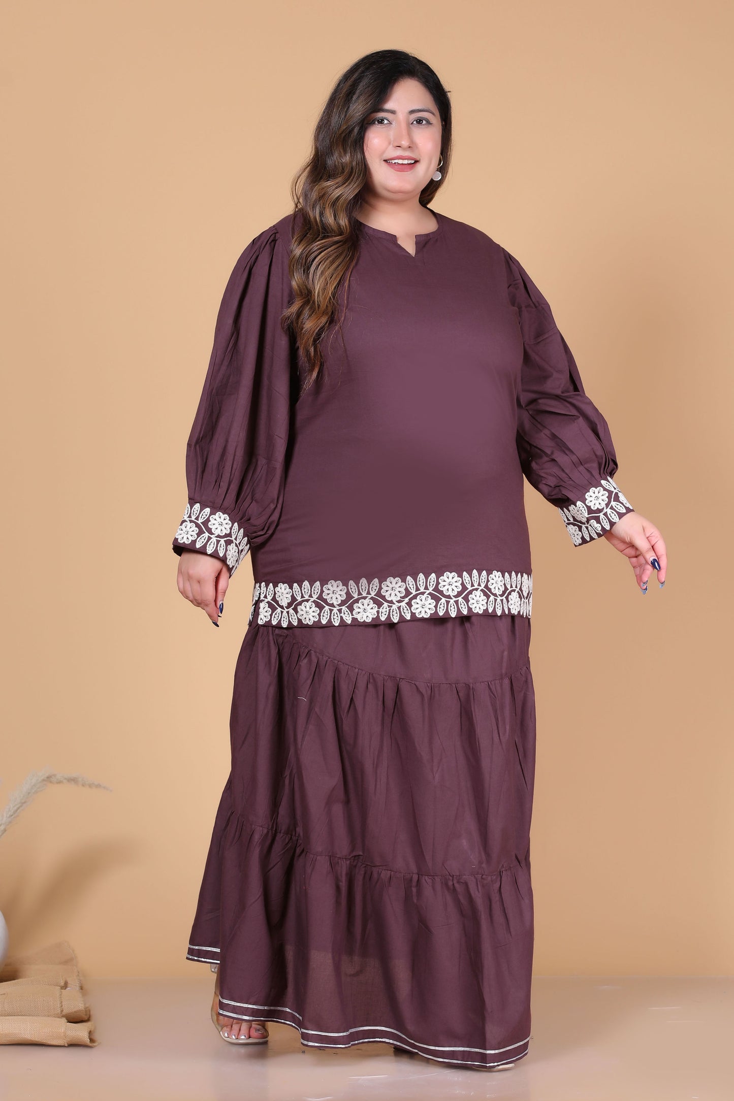 SOLID GOTTA DETAILING SKIRT IN BROWN BY PLUSSIZEKURTI