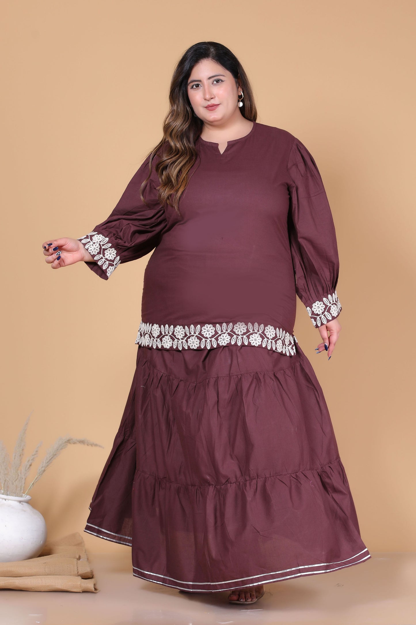 SOLID GOTTA DETAILING SKIRT IN BROWN BY PLUSSIZEKURTI