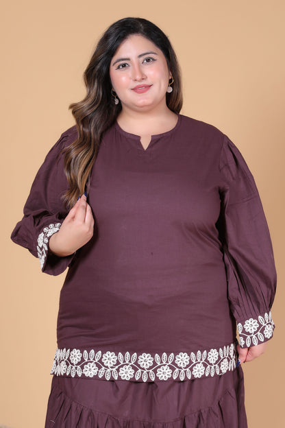 SOLID BLOOM EMBROIDERY COTTON TOP IN BROWN COLOUR BY PLUSSIZEKURTI