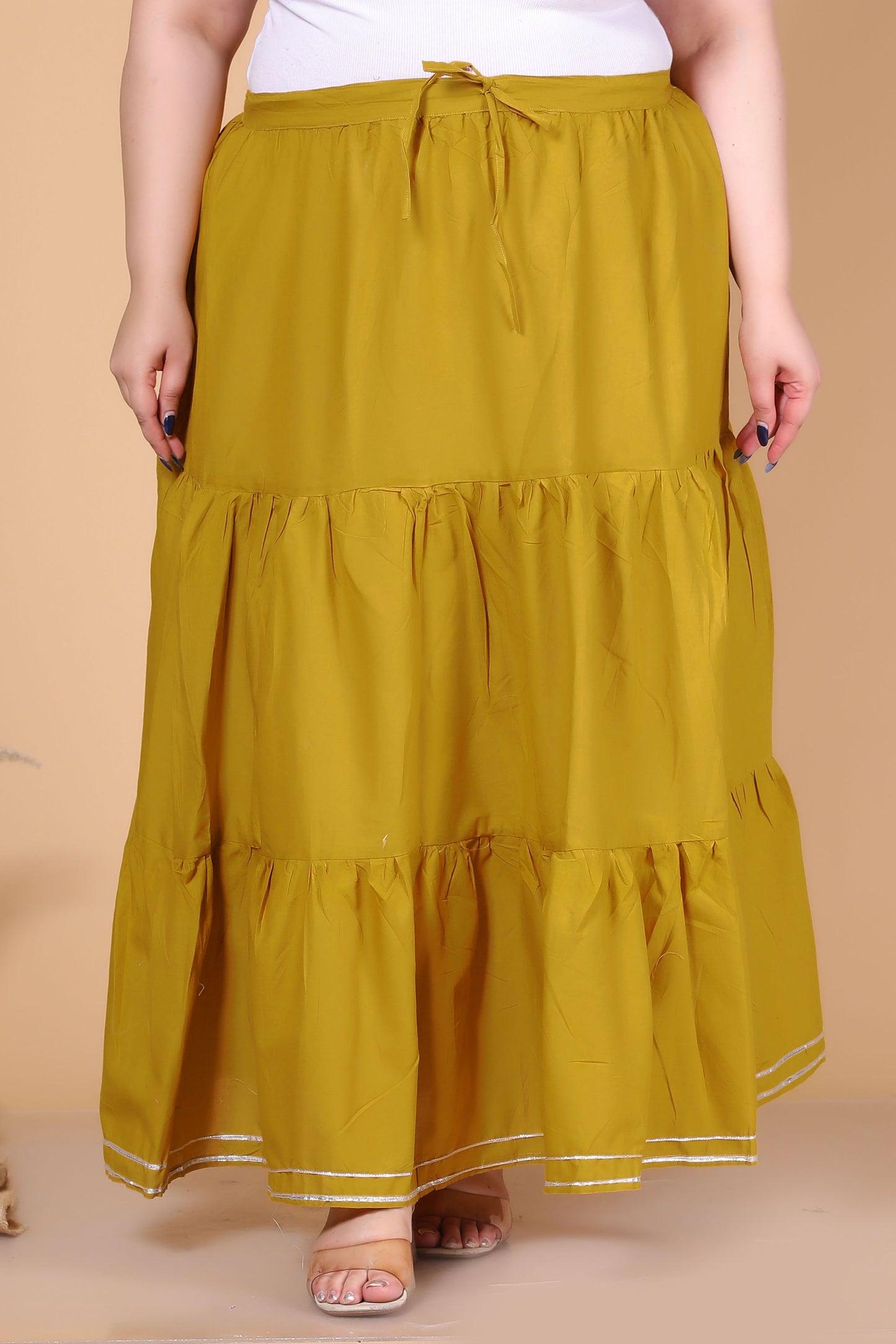 SOLID GOTTA DETAILING SKIRT IN MUSTARD BY PLUSSIZEKURTI