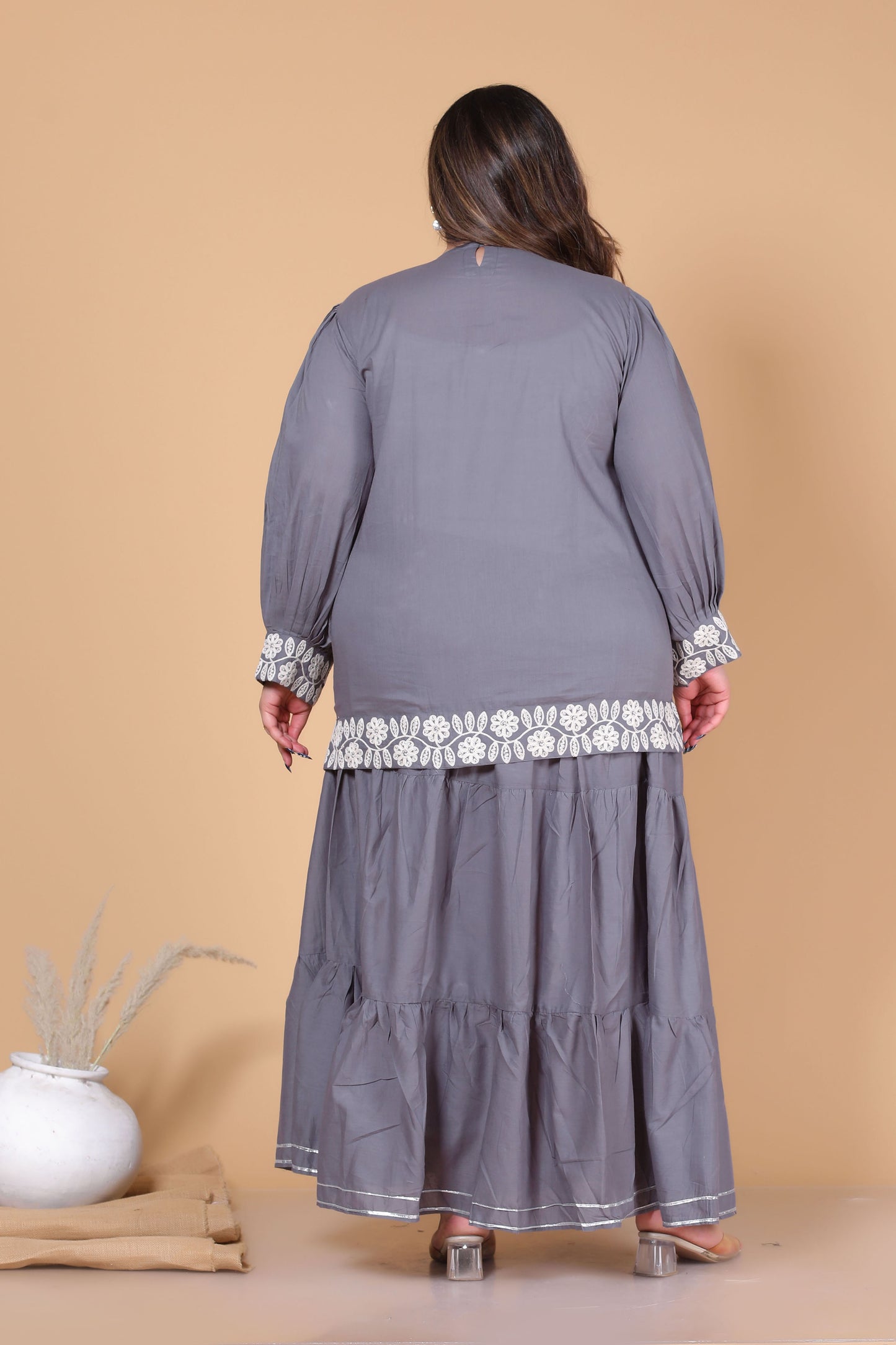 SOLID GOTTA DETAILING SKIRT IN ASH GREY BY PLUSSIZEKURTI