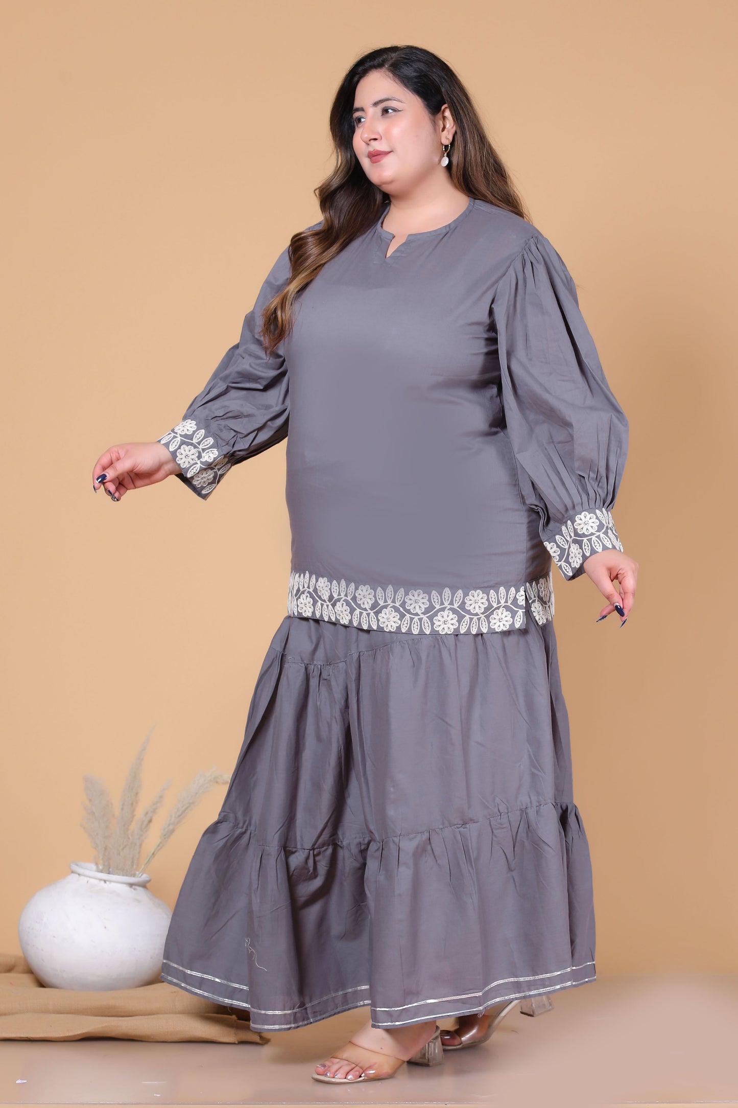 SOLID GOTTA DETAILING SKIRT IN ASH GREY BY PLUSSIZEKURTI